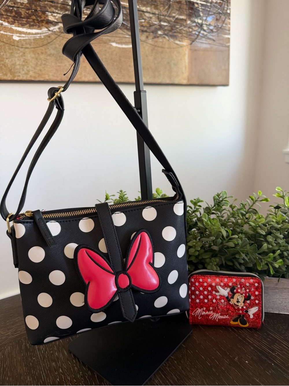 DISNEY Minnie Mouse Polka Dot Crossbody with Red Bow Accent and Minnie Wallet